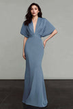 Half Sleeve Dusty Blue V Neck Mermaid Formal Dress