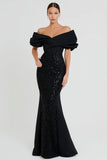 Sparkly Black Mermaid Off the Shoulder Evening Dress