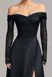 Black Off the Shoulder A Line Formal Dress with Lace