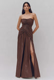 Coffee Strapless Ruched Long Formal Dress