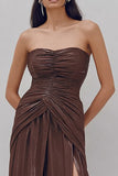 Coffee Strapless Ruched Long Formal Dress
