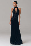 Sparkly Black Halter Long Evening Dress