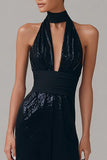 Sparkly Black Halter Long Evening Dress