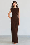 Coffee Round Neck Sleeveless Long Formal Dress