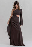 Coffee One Shoulder Cut Out Ruffled Formal Dress