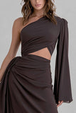 Coffee One Shoulder Cut Out Ruffled Formal Dress