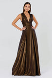 Brown Metallic A Line V Neck Formal Dress
