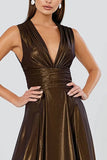 Brown Metallic A Line V Neck Formal Dress