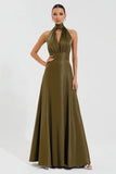 Olive Metallic A Line Halter Formal Dress