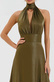 Olive Metallic A Line Halter Formal Dress