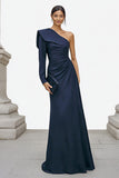 One Shoulder Navy Ruched A Line Formal Dress