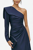 One Shoulder Navy Ruched A Line Formal Dress