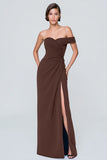 Coffee Ruched Asymmetrical Neck Formal Dress with Slit