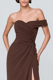 Coffee Ruched Asymmetrical Neck Formal Dress with Slit