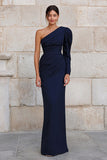 Navy One Shoulder Fitted Long Formal Dress