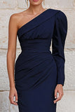 Navy One Shoulder Fitted Long Formal Dress