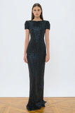 Sparkly Black Short Sleeve Long Evening Dress