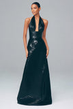 Black Metallic Halter A Line Evening Dress