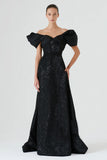 Sparkly Off the Shoulder A Line Black Long Evening Dress