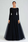 Black Bateau Neck Ball Gown Beaded Evening Dress