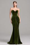 Olive Velvet Strapless Mermaid Ruched Formal Dress