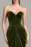Olive Velvet Strapless Mermaid Ruched Formal Dress