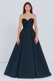 Strapless Navy A Line Long Formal Dress