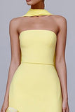 Simple Yellow Strapless Long Formal Dress with Neck Scarf