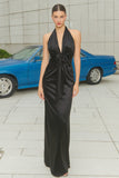 Black Halter Ruched Long Formal Dress with Bow