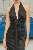 Black Halter Ruched Long Formal Dress with Bow
