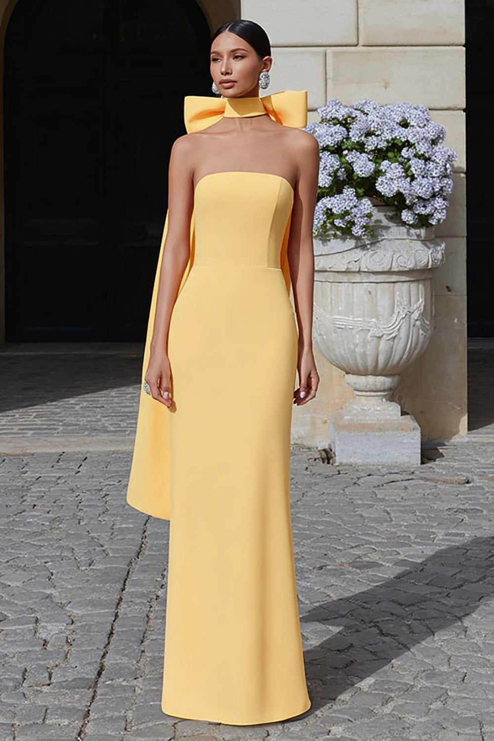 yellow dress with neck scarf WEDTREND Women Yellow Formal Dress Strapless Bowed Long Evening Dress with Neck Scarf – Wedtrend UK