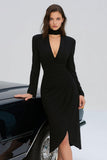 Black Bodycon Long Sleeve V Neck Midi Formal Dress