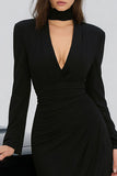 Black Bodycon Long Sleeve V Neck Midi Formal Dress