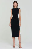 Black Bodycon Midi Ruched High Neck Formal Dress