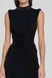 Black Bodycon Midi Ruched High Neck Formal Dress