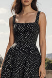 Square Neck Black White Dots A Line Wedding Guest Dress