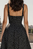 Square Neck Black White Dots A Line Wedding Guest Dress