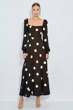 Long Sleeve Brown White Dots A Line Wedding Guest Dress