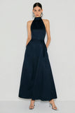 Navy Halter A Line Long Wedding Guest Dress
