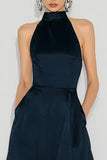 Navy Halter A Line Long Wedding Guest Dress