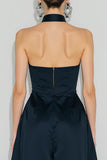 Navy Halter A Line Long Wedding Guest Dress