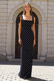 Spaghetti Straps Black White Dots Long Wedding Guest Dress