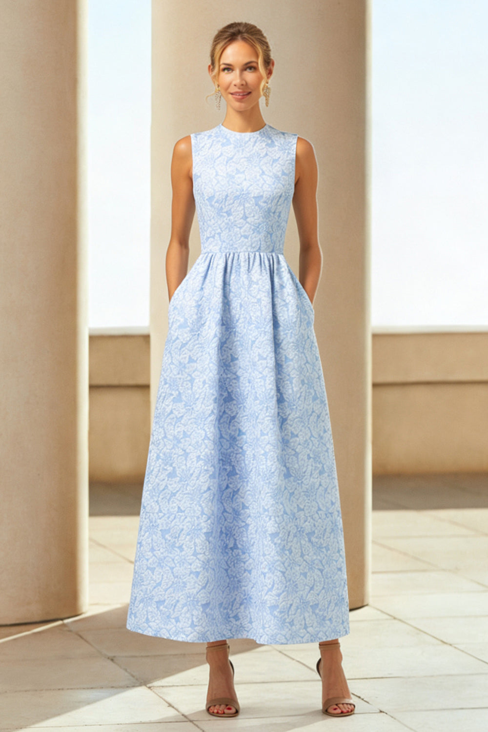 WEDTREND Women Blue Floral Wedding Guest Dress Sleeveless A Line Round