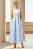 Blue Floral Sleeveless A Line Wedding Guest Dress