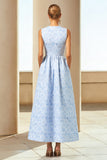 Blue Floral Sleeveless A Line Wedding Guest Dress
