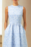 Blue Floral Sleeveless A Line Wedding Guest Dress