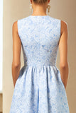 Blue Floral Sleeveless A Line Wedding Guest Dress