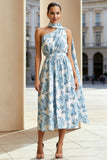 White and Blue Floral One Shoulder A Line Wedding Guest Dress
