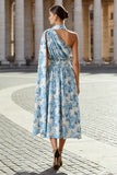 White and Blue Floral One Shoulder A Line Wedding Guest Dress