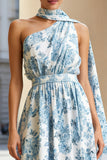 White and Blue Floral One Shoulder A Line Wedding Guest Dress